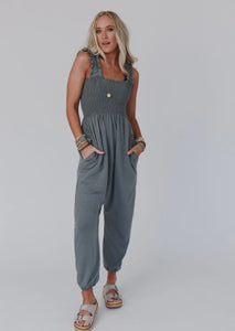 Willow Smoked Harem Jumpsuit - Light Olive