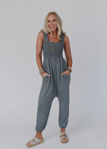 Willow Smoked Harem Jumpsuit - Light Olive